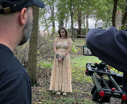 Director Jason Huls and cinematographer Paul G. Lyzun line up a shot with actress Nora McKirdie for THE FAWN. (Photo: courtesy Jason Huls Creative via Substack)